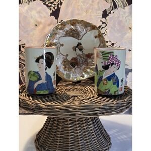 Vintage Japanese Geisha Tea Cups with Antique Japanese Kutani Geisha Plate